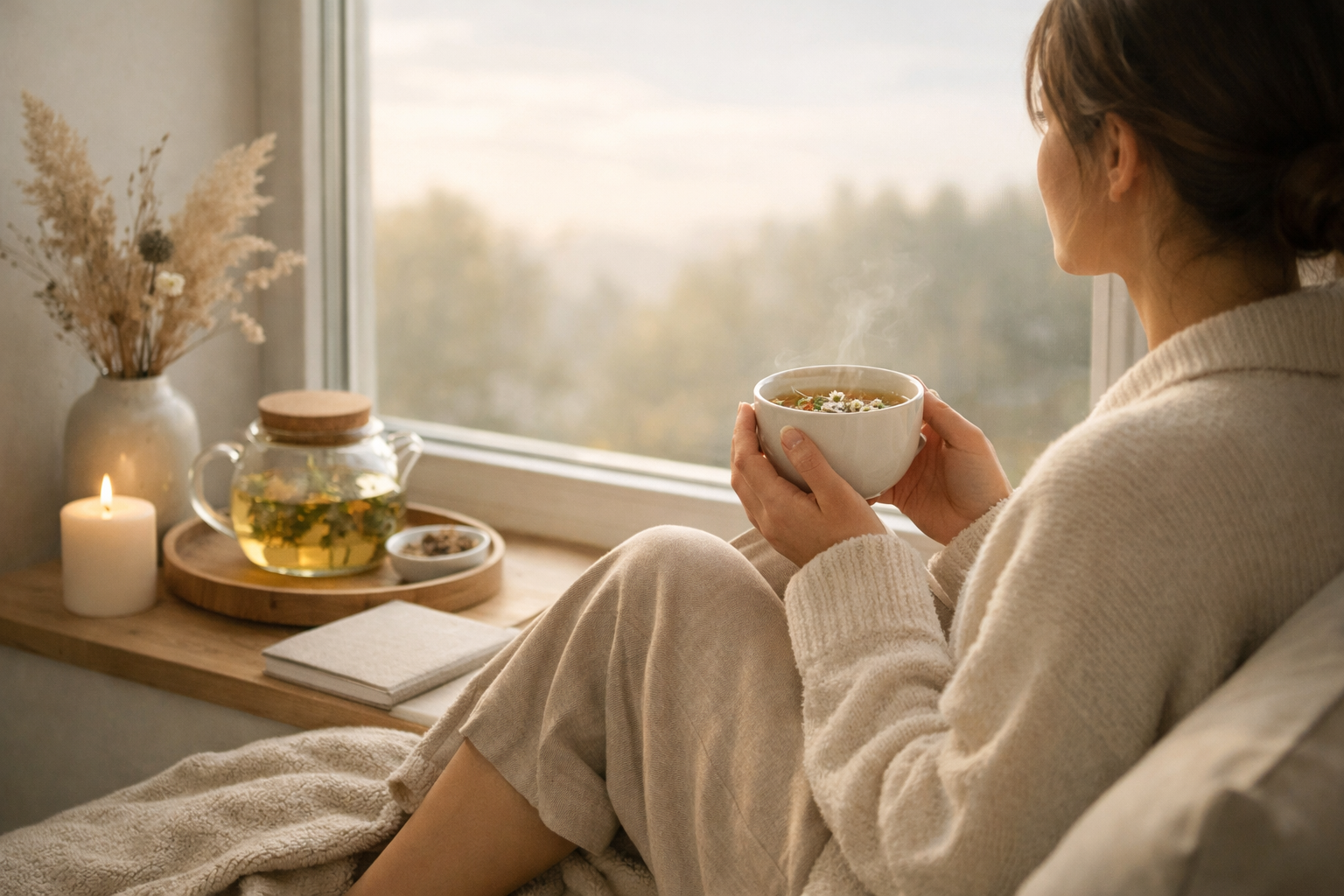A peaceful morning scene with a person sitting by a window, enjoying a warm cup of herbal tea, soft natural light, cozy minimalist interior, calm and serene atmosphere, wellness lifestyle photography