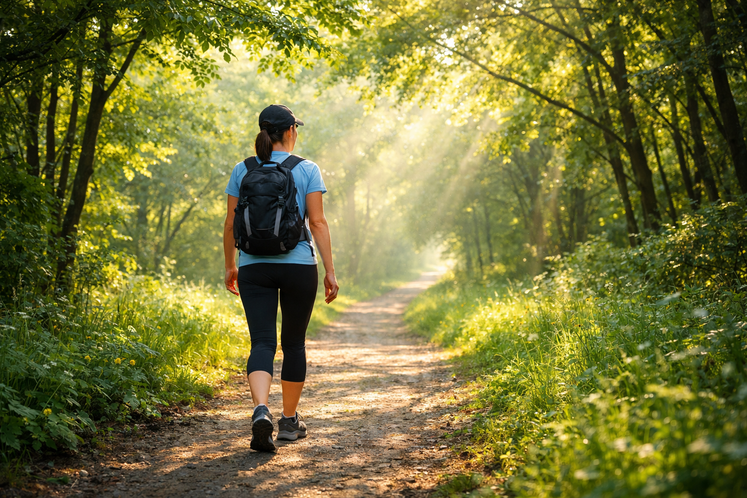 Person walking on a peaceful nature trail surrounded by green trees, morning light filtering through leaves, active lifestyle, wellness and outdoor activity, fresh air and natural environment